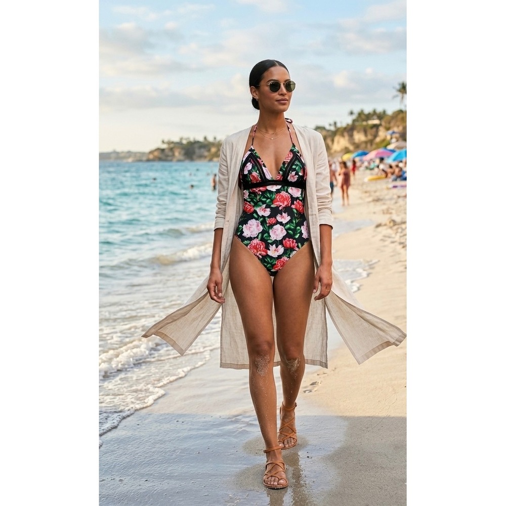 CUPSHE Floral One Piece Swimsuit Halter Lace Trim Open Back Plus size XXL NEW